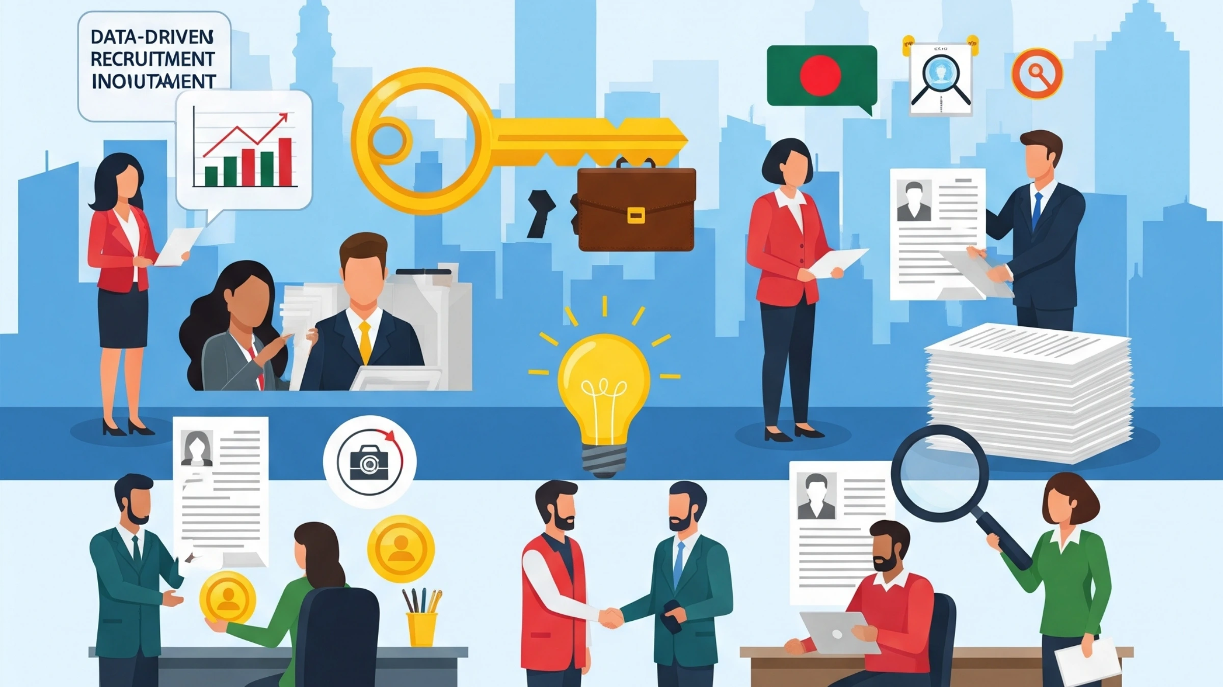 HR professionals conducting strategic recruitment in Dhaka, with resumes, interviews, and visuals symbolizing unlocking top talent in a competitive job market.