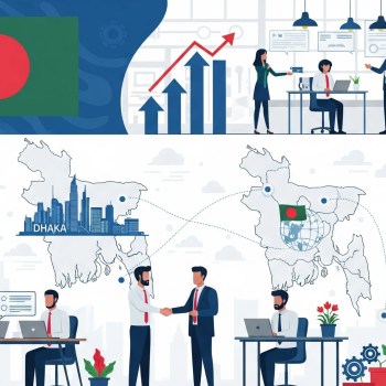 Professional business team collaborating through outsourcing and EOR services in Bangladesh, with digital growth symbols and Dhaka skyline in background.